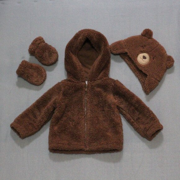 Baby Sherpa Jacket Set Size 6-9 M Brown Bear Hat + Mittens - Picture 1 of 6